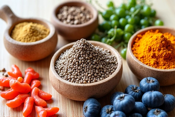 Mesa llena de diversos tipos de superalimentos como bayas de goji, semillas de chía, cúrcuma y espirulina.