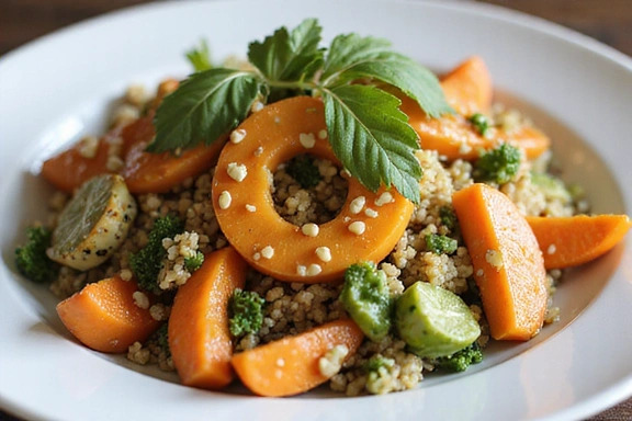 Plato colorido y nutritivo de ensalada con aguacate, quinoa y verduras frescas.