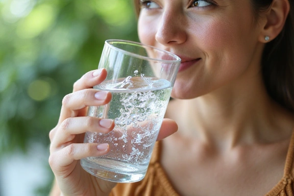 Primer plano de una persona bebiendo agua de un vaso transparente, con salpicaduras y un fondo desenfocado de naturaleza.