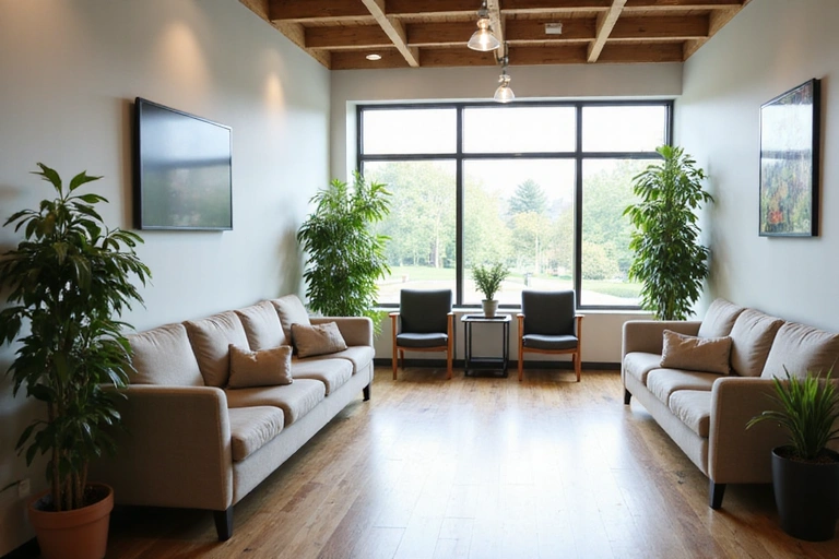 Moderna sala de espera con cómodos asientos y luz natural en una clínica de nutrición.