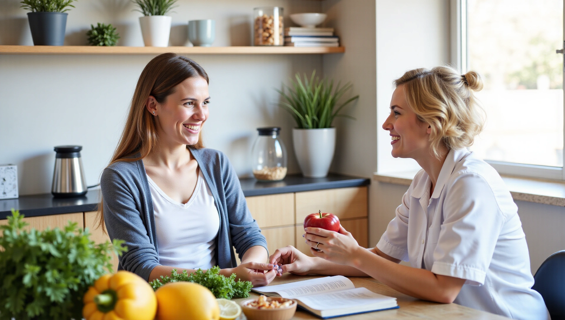 Profesional nutricionista sonriendo mientras consulta a un paciente en un ambiente moderno y luminoso.