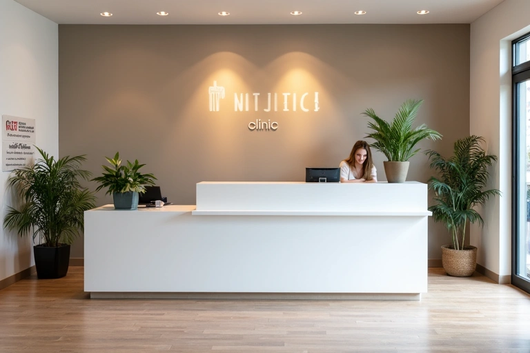 Área de recepción acogedora y profesional en la clínica de nutrición con un mostrador y logo.